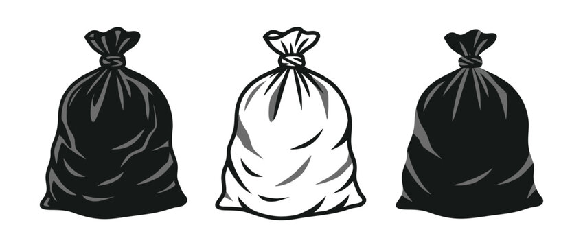 Set of three drawstring trash bags, isolated