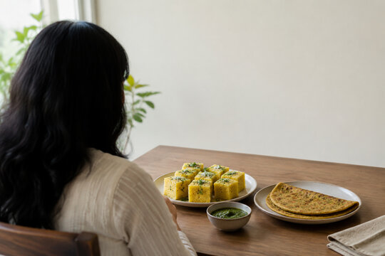 Plate of dhokla and thepla with chutney on grocery table, Indian food concept