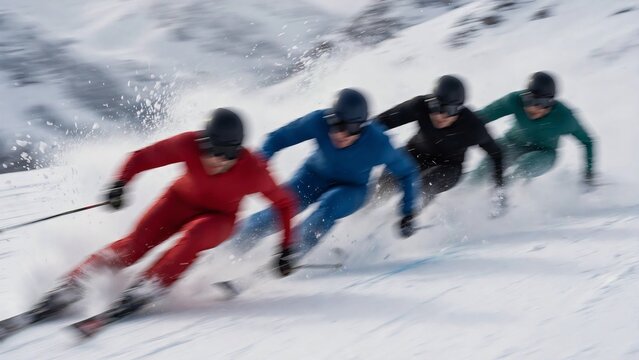 Four alpine athletes competing in a high-speed downhill ski race on a snowy mountain slope with dynamic motion blur effect showcasing their colorful red blue black and green suits