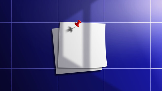 Simple modern sheet of paper that stock on the wall red pin hold the papers. Background vector with lined ceramic wall pattern. Blue wall background and sheet of paper on the wall.