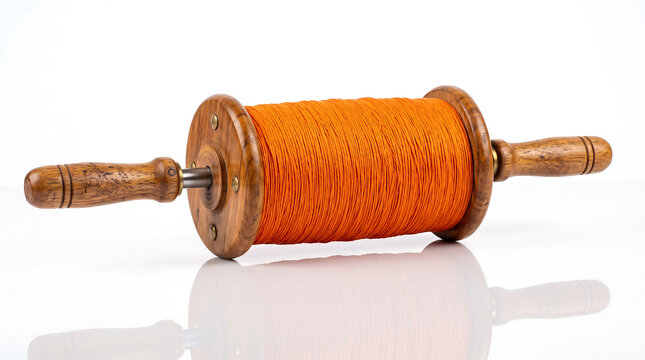 Makar sankranti kite string spool with orange manja on white surface