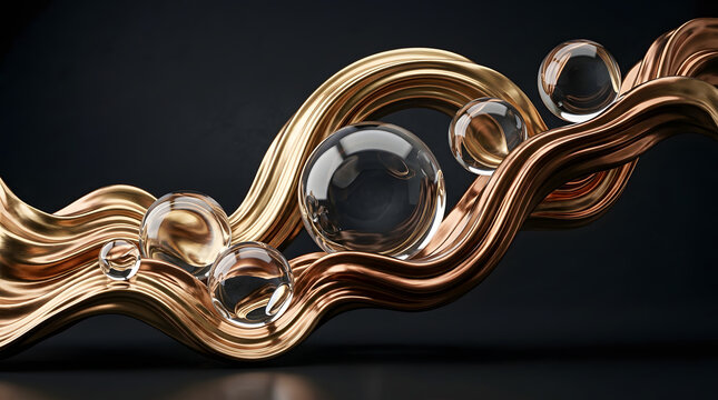 Luxurious flowing metallic gold ribbon with clear glass orbs and soft dark reflections