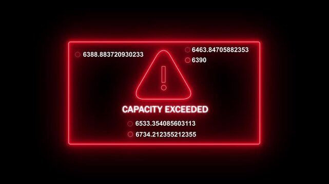 Neon red capacity exceeded warning sign with rapidly increasing digital data streams and system error alert notification for cybersecurity, network overload, server failure, and high-tech interface
