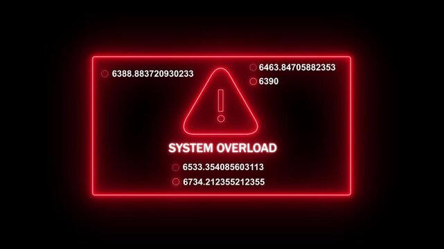 Digital system overload warning interface with glowing red neon hazard symbol and rapidly changing numerical data streams for cyber security, software error alerts, and high-tech computing failure