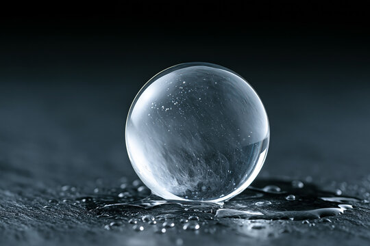 Clear crystal glass sphere with water splashes on dark wet stone floor