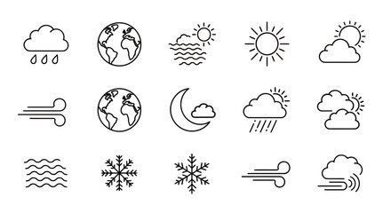 Obraz premium Set of Weather Icons including Sun Rain Cloud Snow Wind and Waves for Graphic Design.