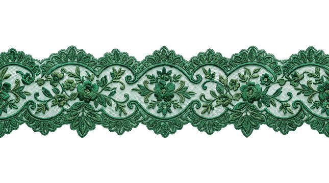 Vintage green lace ribbon with floral embroidery. Elegant emerald fabric border with scalloped edges. Decorative textile trim for sewing.