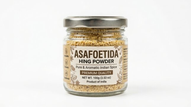 A small glass jar of asafoetida hing powder an essential indian spice cooking ingredient aromatic spice kitchen pantry food seasoning asafoetida condiment flavoring ingredient preservation