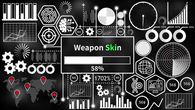 weapon skin set with futuristic HUD interface elements and abstract infographic charts on dark background 4k video