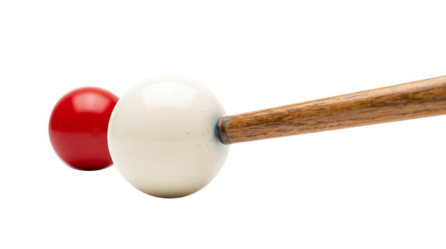 Billiard cue stick hitting white cue ball, red snooker ball in background. Professional pool equipment for sports competition and leisure gaming. isolated PNG with Transparent Background