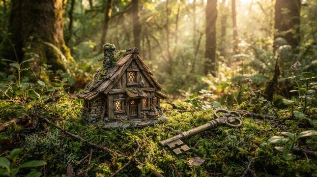 Enchanted miniature cottage with vintage key in forest.