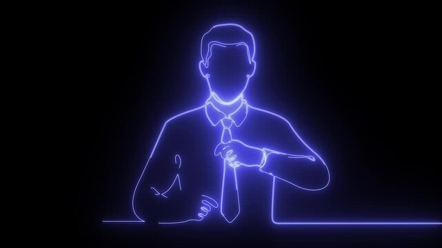 Neon blue continuous line art animation of businessman adjusting tie