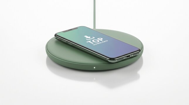 Smartphone charging wirelessly on a round green charger pad with wireless chargi