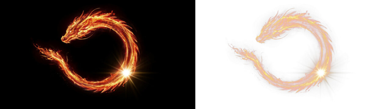 Abstract fire dragon forming a circular shape with glowing light effects, dynamic flames swirling in a mystical loop on black and transparent backgrounds