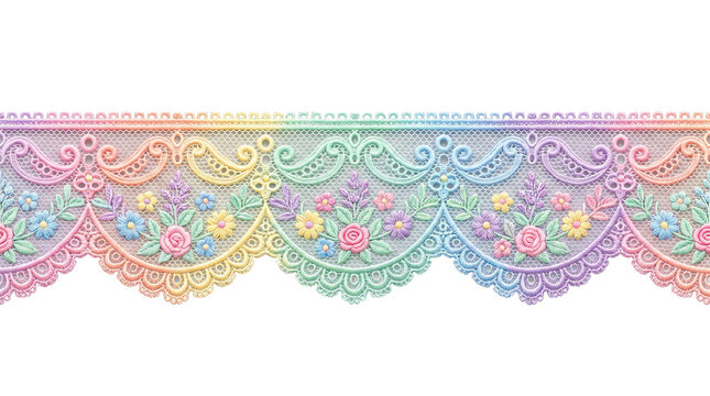 Pastel rainbow lace border, vintage floral crochet trim with colorful roses, decorative scalloped embroidery ribbon on white background