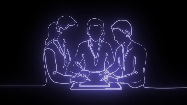 Neon blue continuous line art animation of business team meeting