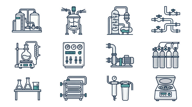 Clean Industrial and Laboratory Equipment Line Art Illustrations in Blue Gray Monochrome with high quality professional line art symbols for modern creative design and digital branding projects