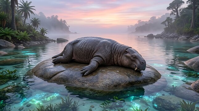 Prehistoric creature rests on a rock in a serene tropical environment at sunrise