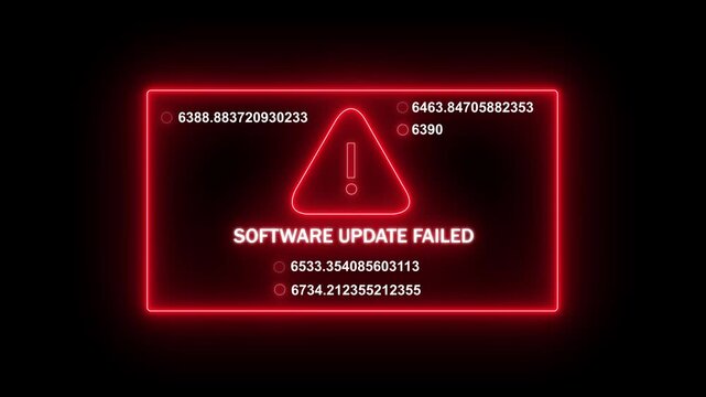 Neon red software update failed warning message with rapidly changing digital data streams and system error notification for cyber security, technology glitch, and critical computer network alerts