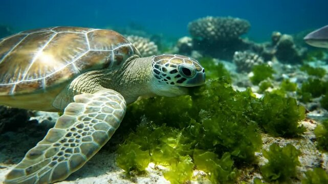 Juvenile green sea turtle feeding on sargassum seaweed while a blacktip reef shark swims nearby in clear tropical ocean waters with natural underwa...