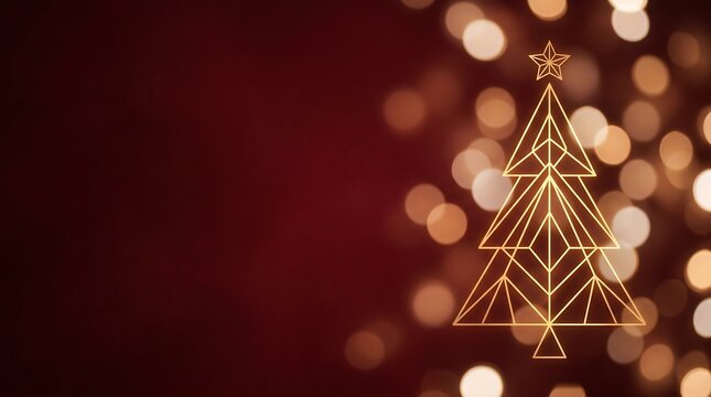 Gleaming Geometric Christmas Tree Outline Against a Festive Bokeh Background of Warm Golden Lights