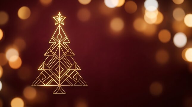 Elegant Art Deco Christmas Tree Illustration with Golden Bokeh Lights on a Deep Red Background