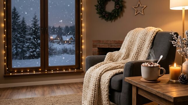 Cozy Winter Scene with a Warm Drink by the Fireplace and Snowy Window View