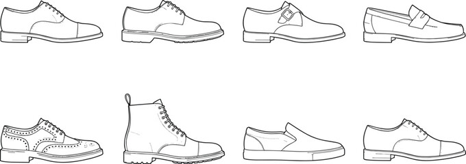 Fototapeta premium Men’s Footwear Styles Line Art Vector Illustration of Classic and Modern Shoe Designs