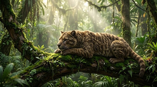 Majestic saber-toothed cat rests peacefully on a moss-covered branch in a sun-dappled ancient jungle, evoking a sense of primal wilderness and prehistoric calm