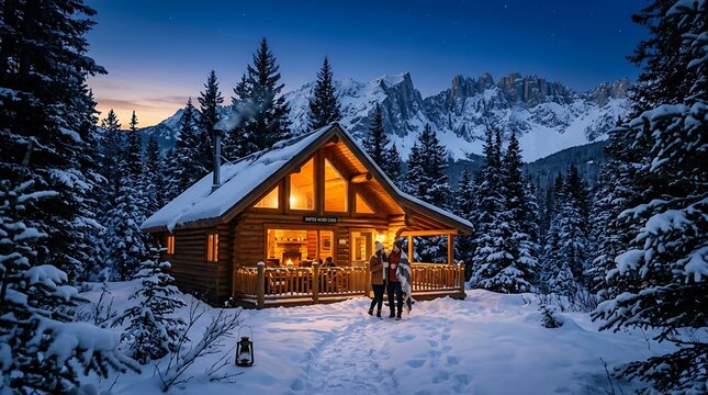 Cozy Wooden Cabin Nestled Amidst Snowy Pines and Majestic Mountains at Twilight