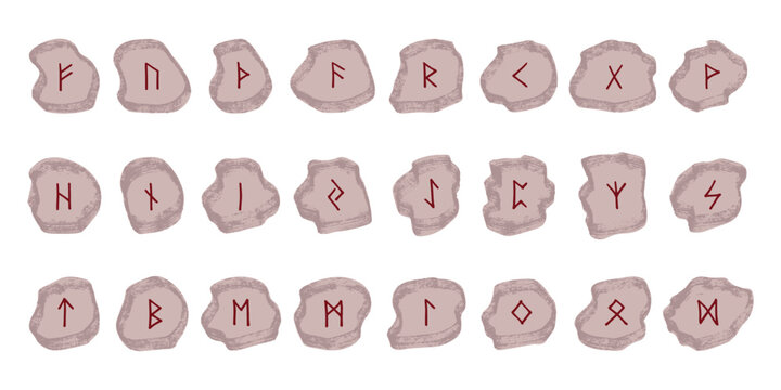 Set of hand drawn viking runes Rune stones with ancient norse alphabet characters engraved on them Scandinavian futhark germanic celtic Single element for design, print, web, decor