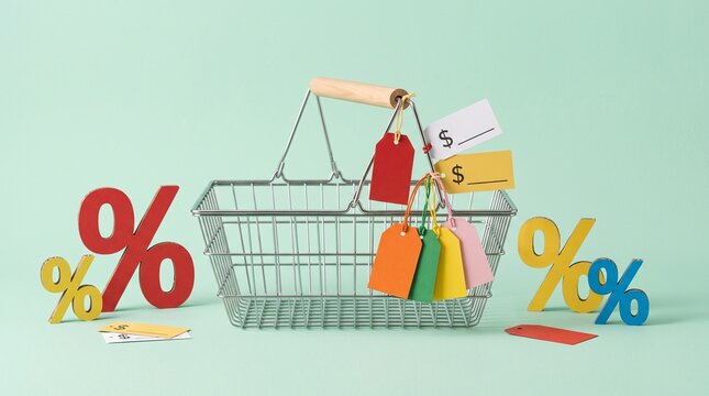 Empty shopping basket surrounded by percentage discount symbols and colorful sale tags, illustrating retail promotions, consumer savings and attractive shopping deals.