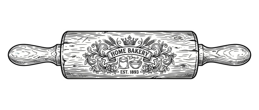 Vintage Rolling Pin with Floral Bakery Emblem