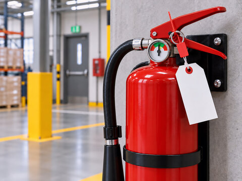 Fire Extinguisher with Pressure Gauge and Inspection Tag in Industrial Warehouse