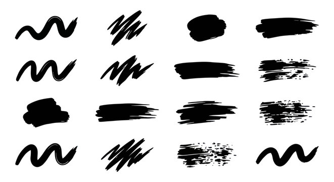 Abstract black ink brush strokes and grunge textures set.