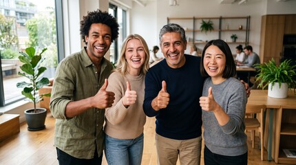 Obraz premium Diverse group of four smiling business professionals giving thumbs up in a bright modern office coworking space environment with plants.