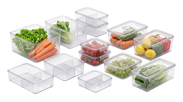 Clear plastic food storage containers set, transparent kitchen organization bins with fresh vegetables, airtight meal prep boxes for refrigerator