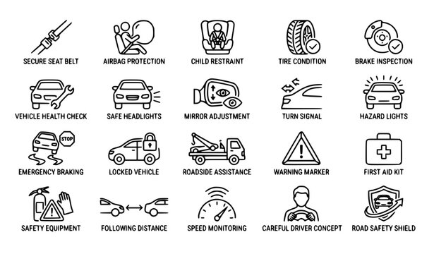 Defensive Driving and Vehicle Safety Linear Icons