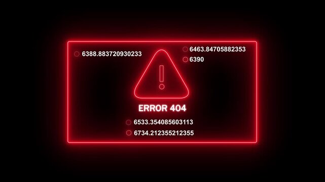 Dynamic neon red error 404 notification interface with flickering digital data streams and warning triangle symbol for high-tech cybersecurity, web development, system failure, and network