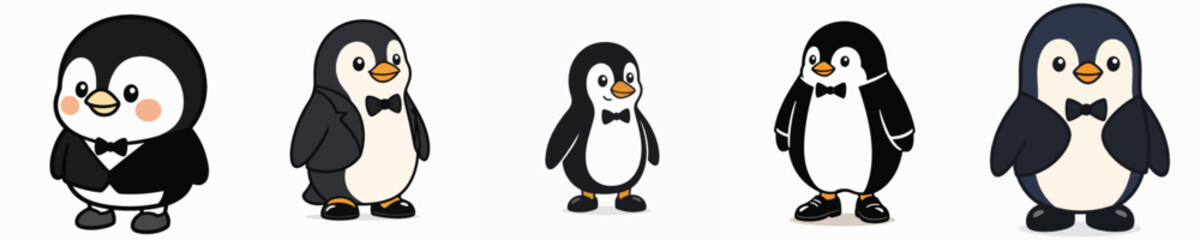 Fototapeta premium Set of vector illustrations of a cute penguin standing and wearing a tuxedo.