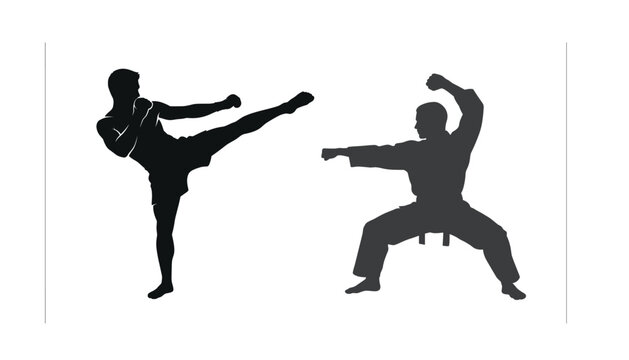 Silhouette vector illustration of two martial artists engaged in a fight training session showing a dynamic kick and defense stance pose.