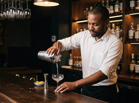 Black bartender in his 30s preparing a cocktail behind the bar
