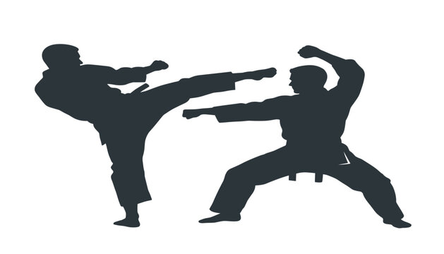 Silhouette vector illustration of two martial arts fighters sparring with high side kick attack and defensive punch stance blocks.