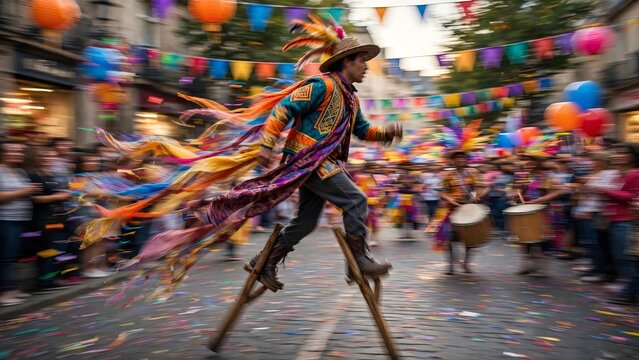 Vibrant digital illustration of a Caucasian street performer walking on stilts in a colorful costume during a lively street parade with motion blur emphasizing speed and dynamic energy