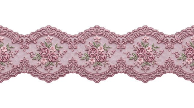 Vintage pink lace border with floral embroidery, elegant rose pattern fabric trim, antique textile ribbon for wedding decor isolated PNG with Transparent Background