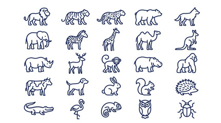 Obraz premium Diverse collection of blue outline animal vector icons arranged in a grid pattern on white background