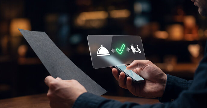 Customer ordering food delivery online using smartphone and futuristic glowing holographic interface inside restaurant