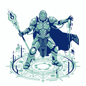 Futuristic blue armored warrior standing on a geometric circle holding a glowing staff epic fantasy sci fi character design