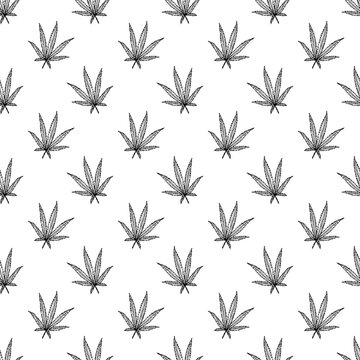 Seamless pattern with hand drawn cannabis leaf Medicine marijuana Hemp leaves For decorative print, wrapping paper, fabric, packaging, background