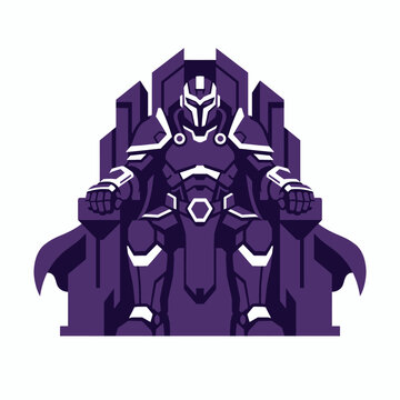 Futuristic purple mech warrior sitting on a throne detailed sci fi armor robot character design illustration